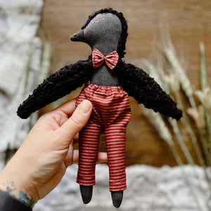 Lorenzo Heirloom Raven Doll, 9 inches, organic sherpa, vintage linens