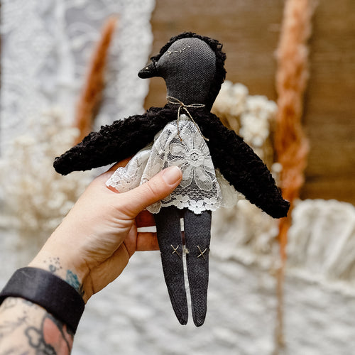 Ramona Heirloom Raven Doll, 9 inches, organic sherpa, vintage linens