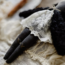 Ramona Heirloom Raven Doll, 9 inches, organic sherpa, vintage linens